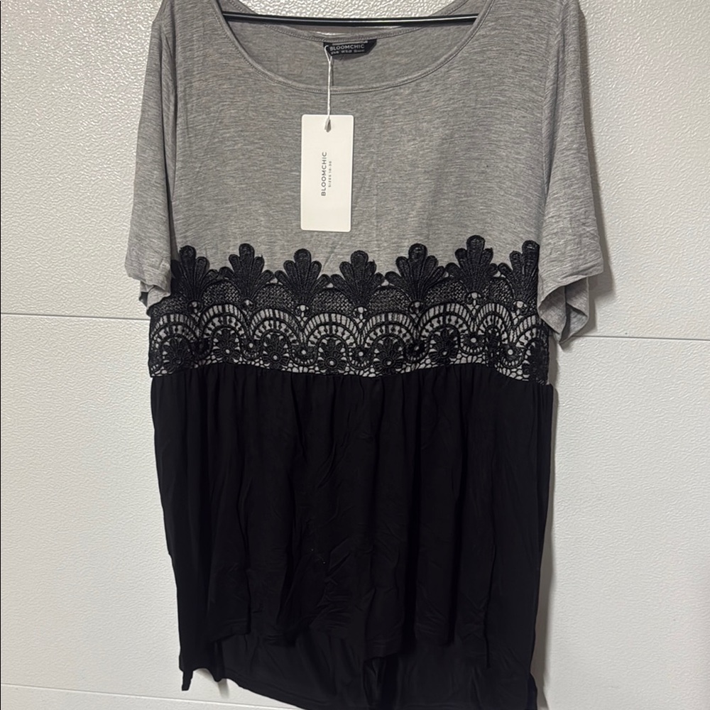 BloomChic Gray and Black Boxy T-Shirt with Embellished Design